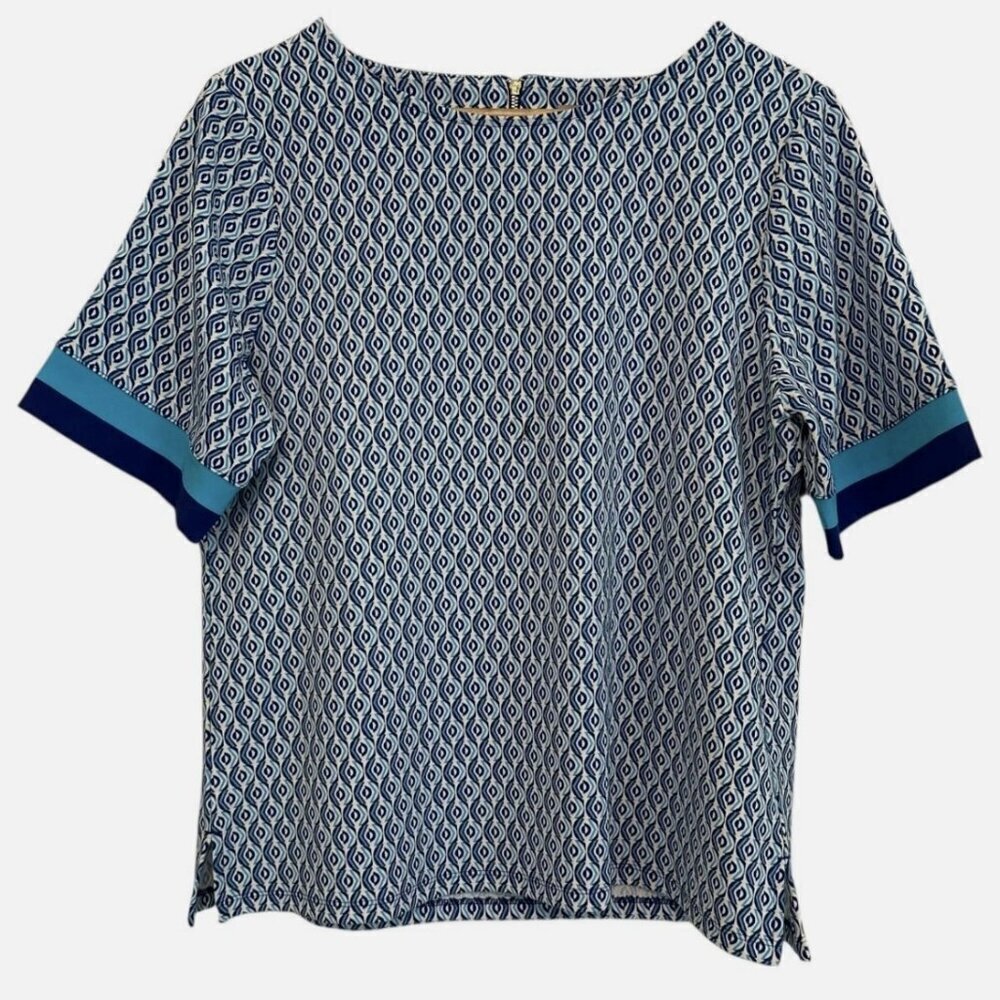 Chico's Womens Blue Stretchy Boxy Short Sleeve Work Casual Geometric Pattern Top